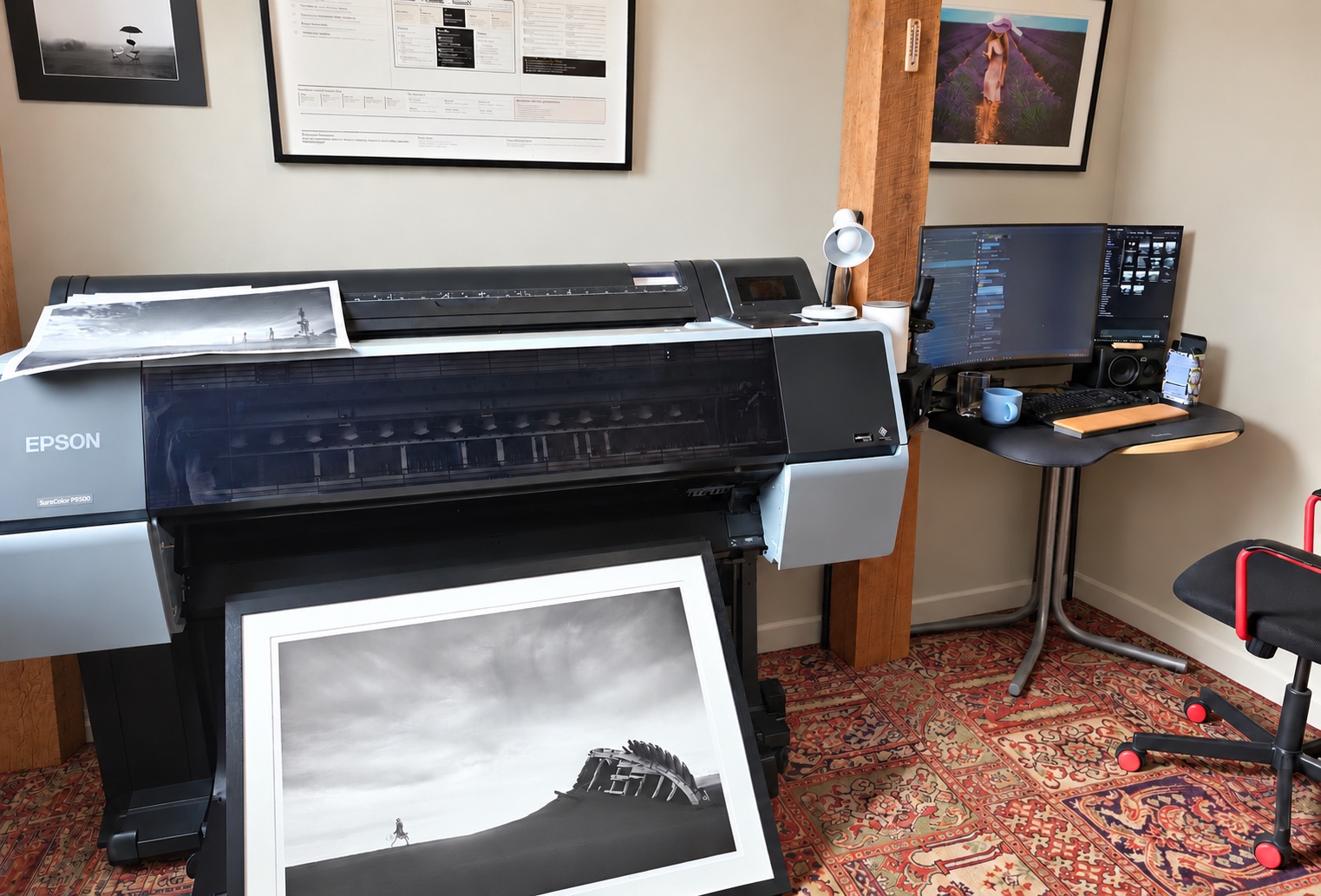 „Genius Gallery“ dirbtuvėse – Epson SureColor P9500 spausdintuvas ir paruoštos įrėmintos fotografijos